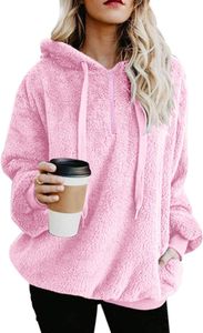 Damen Hoodie Warm Fleece Kapuzenpullover Oversize Sweatshirt Langarm Lose Winter Pulli Tops Oberteile mit Tasche(Rosa,L)