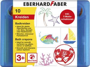 Eberhard Faber 524110 - Badkreide für Kinder zum Malen und Zeichnen auf Fliesen und Spiegeln, Etui mit 10 Kreide-Farben und 5 Motiv-Schablonen