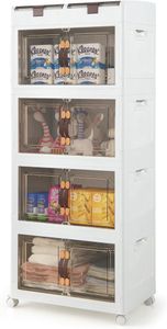 GOPLUS Stapelbare Aufbewahrungsbox mit Deckel, Kunststoffbox mit Rollen & Doppeltür, Ordnungsboxen, Kunststoffschrank, Aufbewahrungsschrank (4 Ebenen)