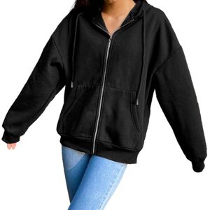 Damen Zip Up Hoodie Langarm Herbst Übergroße Sweatshirts Lässige Kordelzug Hoodies Jacke mit Tasche Farbe Schwarz 2xl.
