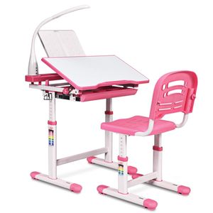COSTWAY Dětský psací stůl s nastavitelnou výškou, školní psací stůl s lampou a nastavitelným sklonem zásuvky, dětský psací stůl se židlí Růžová barva