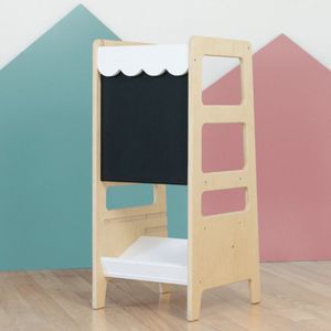 Montessori Lernturm 4 in 1 - CHILDREN'S SHOP - Marktbreite - Naturholz und weiß Holz mit Schiefertafel