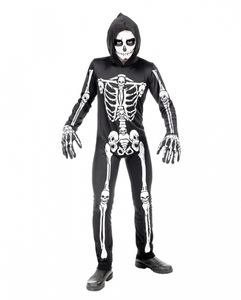 Skelett Overall mit Kapuze Kinderkostüm als Halloween Verkleidung Größe: M 140 / 8-10 Jahre