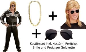 Schwarzes 80er 90er Jahre Kostümset - Trainingsanzug, Brille, Blonde Vokuhila Perücke und Protziger Goldkette XL - 54/56