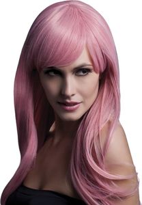 Langer Federschnitt mit Pony rosa - für Fasching