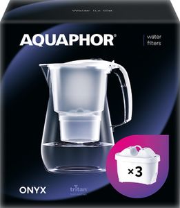 AQUAPHOR Starter-Set Wasserfilter Onyx weiß inkl. 3 MAXFOR+ Filterkartuschen - Premium-Wasserfilter in Glasoptik zur Reduzierung von Kalk, Chlor & weiteren Stoffen