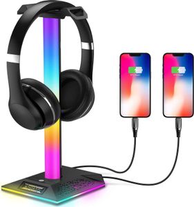 Kopfhörer Ständer RGB, Kopfhörerhalter mit 10 Lichtmodi, Kopfhörerständer, Headset-Ständer mit 3,5 mm AUX und 2 USB-Ladeanschlüssen, schwarz