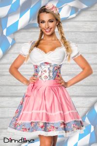 Dirndline Damen Dirndl mit Bluse Trachtenkleid Oktoberfest Partykleid Karneval Fasching , Größe:2XL, Farbe:blau/rosa/weiß