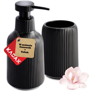 KADAX Badezimmeraufbewahrung Set aus Keramik "Mataro", Badezimmerbecher, Seifenspender, Schwarz