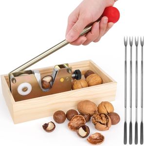 Nussknacker, robuster Walnussknacker mit Holzsockel, verstellbare Nusszange, manueller Nussknacker für alle Nüsse, Nussknacker-Werkzeug für Walnüsse, Pekannüsse, Macadamia, Haselnüsse, Kastanien und mehr – 4 Spieße inklusive
