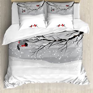 ABAKUHAUS Winter Bettbezug, Winter Cartoon Vögel, Milbensicher Allergiker geeignet mit Kissenbezügen, 155 cm x 220 cm - 80 x 80 cm, Vermilion Grau Schwarz