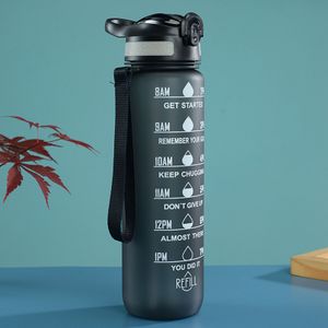 1000ML Sport Wasserflasche Gym Travel Trinkflasche mit Strohhalm  Motivierend Sportflasche Schwarz