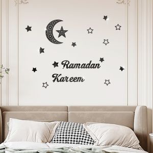 3D Ramadan Kareem Aufkleber Dekorationen Wand Eid Mubarak Eid Al Adha Mond und Stern Aufkleber Islamische Spiegeldekoration (Schwarz)