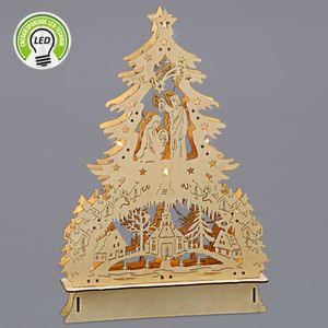 Schwibbogen Kunst Weihnachten Holztannenbaum Krippe Weihnachtsdeko fürs Fenster  mit 10 LEDs in warm weiß H 43 cm B 29cm