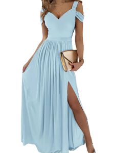 Damen Kurzarm Langes Kleid Urlaub von Schulter Maxi Kleider lässige Farbe:Himmelblau Größe:S