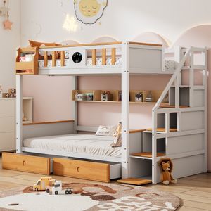 Flieks Etagenbett 90x200cm mit Rausfallschutz, Kinderbett mit 2 Schubladen und Tafel, Hochbett mit Treppe und Regal, Stockbett mit Lattenrost, Weiß