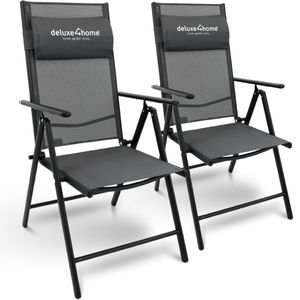 deluxe4home® Gartenstuhl 2er Set Klappbar 7-stufig Terrassenstuhl Anthrazit I Hochlehner Klappstuhl mit Armlehnen Balkonstuhl inkl. Kopfpolster