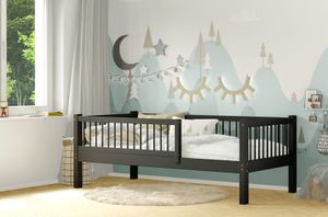 AXEL Kinderbett aus Kieferholz mit Schutzgitter Holzbett Graphit 100x200 Beinhöhe 23 cm