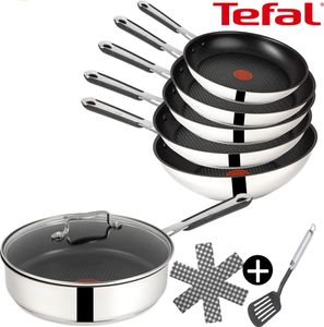 Tefal Pfannen-Set Jamie Oliver E30 Pfannen Set 20+24+28cm + Schmorpfanne 25cm + Wok 28cm, Edelstahl 18/10 (Inkl. 1 Wender & Filzschoner, Pfannenset)