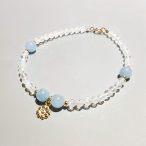 LiiJi Einzigartiges natürliches Aquamarine-Mondstein-925-Sterlingsilber-Blumen-Charm-Armband für Frauen und