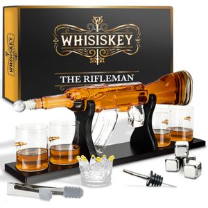 Whisiskey - Whisky Karaffe - Gewehr - 1000ML - Komplettes Whiskey Set – Inkl. 4 Edelstahle Whisky Steine, 4 Whisky Gläser & Ausgießer - Whisky Dekanter - Geschenke für Männer – Whiskygläser