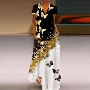 Maxikleider Damen Sommerkleid Kurzarm Freizeitkleid V-Ausschnitt Elegante Blumenkleid Lang Golden,Größe M