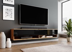 FURNIX TV-Schrank ALYX Lowboard hängend Loft Design Fernsehschrank 180 cm modern glänzend ohne LED Eiche Wotan - Hochglanz Schwarz
