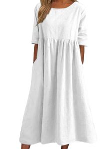 Damen Sommerkleider mit Tasche Midikleid Baumwolle Swing Kleider Freizeitkleider Milchig,Größe XL