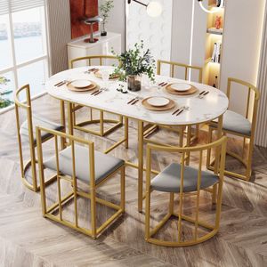 Flieks Essgruppe 7-tlg, Esstisch mit 6 Stühlen, Küchentischset Esszimmergruppe mit Polstersitzfläche, Sitzgruppe Esstisch Oval, Gold