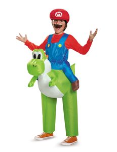 Aufblasbares Super Mario und Yoshi Huckepack Nintendo Kostüm für Kinder bunt