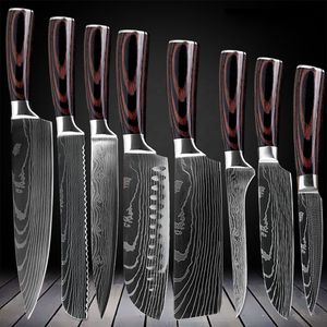 Profi Messer Set, Scharfe Kochmesser aus Edelstahl im Damast Stil Farbiger Holzgriff Extrem scharfe Klingen