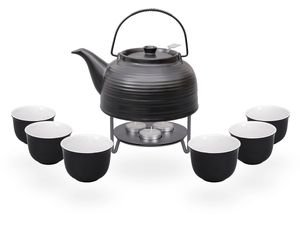 Nelly Teeset / Teeservice / Teekanne Keramik 1,5l mit Sieb, Stövchen und 6 Teetassen 120ml, komplett schwarz
