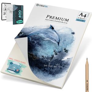 Aquarellpapier A4 20 Blatt | rundum geleimt | inkl. Videokurs +400 Malvorlagen, 2 STUNDEN VIDEOKURS
