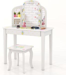 COSTWAY Dětský toaletní stolek 2 v 1, toaletní stolek s trojitým skládacím zrcadlem a zásuvkou, kosmetický stolek pro princezny se stoličkou na líčení, toaletní stolek pro děti (ananas)