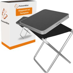 Klappstuhl mit Tischplatte 40x40cm, Sitzhöhe 45cm aus Aluminium bis 100kg – Tragbarer Campinghocker als Fußhocker - Angelstuhl