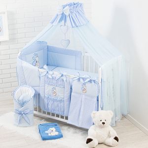 HAPPY 19 Teiliges Babybett Kinderbett und Bettwäsche komplett Set mit intrigierten rausfallschutz höhenverstellbar für Neugeborene Babys und Kleinkinder (Blau)