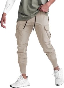 ASKSA Herren Jogginghose Sporthose mit Taschen Fitness Slim Fit Cargo Stretch Leichte Trainingshose, Khaki, M