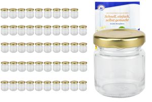 50er Set Mini Sturzglas 53 ml To 43 goldener Deckel Portionsgläser Obstgläser incl. Rezeptheft
