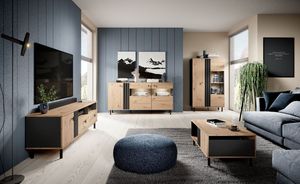 Wohnzimmer-set MADIS 1 Kommode + Vitrine + Couchtisch + TV-Schrank eiche artisan / anthrazit