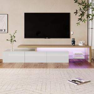 Fortuna Lai LED TV-Lowboard weiß hochglanz mit LED-Beleuchtung, 2 Glasablagen und 2 offenen Fächern, TV Schrank TV-Schränke Fernsehtisch Wohnzimmerschränke, B/H/T:200/42/39cm, Weiß/Natur