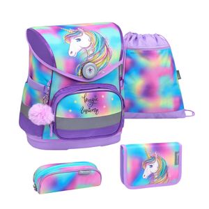 Belmil Schulranzen Set COMPACT 2024 Magnetschloss Rainbow Color (Motiv: Einhorn mit Regenbogenmähne) für Mädchen