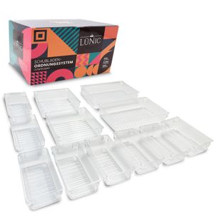 LÜNIC Schubladen Ordnungssystem Sortierbox Organizer Aufbewahrung aus Kunststoff - 12 Teile [3 verschiedene Größen] - Inkl. 50 Anti-Rutsch-Pads & 16 Clips