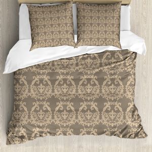 ABAKUHAUS Taupe Bettbezug, Flora Barock Classy, Milbensicher Allergiker geeignet mit Kissenbezügen, 155 cm x 220 cm - 80 x 80 cm, Warm Taupe Sand Braun