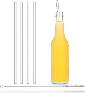 HALM Strohhalm Glas - 4 Stück gerade 27 cm lang + plastikfreie Reinigungsbürste - Spülmaschinenfest - Nachhaltig - Glastrinkhalme Glasstrohalme für Flaschen, Wasserflasche