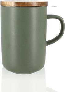 OGO LIVING Juliet Kräutertee 475 ml - Ideal für Tee und Tee - Teetasse aus Steinzeug und Deckel aus Akazienholz - Grün