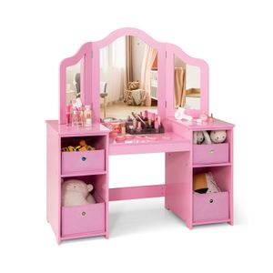 COSTWAY 2 in 1 Kinder Schminktisch mit abnehmbarem Spiegel, Frisiertisch Prinzessin mit offenen Fächern (Mit Box, Rosa)