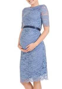 Umstandskleid festlich - Schwangerschaftskleid Spitze - Hochzeitsgast - Festkleid für Schwangere - Hochzeit (M, Grau Blau)
