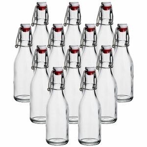 gouveo 12er Set Glasflaschen 250 ml rund mit Bügelverschluss rot - Kleine Bügelflasche zum Befüllen - Bügelverschlussflasche, Likörflasche, Schnapsflasche, Saftflasche