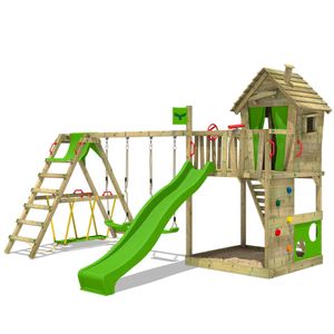 FATMOOSE Hracia veža s preliezačkou HappyHome s hojdačkou SurfSwing a šmykľavkou, domčekom na hranie s pieskoviskom, rebríkom a hracími doplnkami - zelená