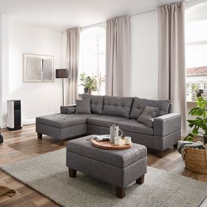 HOME DELUXE - Sofagarnitur ROM - Farbe Grau - beidseitg montierbar - 242,6 cm x 154,3 cm x 90,8 cm - inkl. Hocker I Ecksofa Sofa Couch Wohnlandschaft